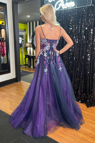 Purple Spaghetti Straps Tulle Long Prom Dress with Appliques MD4031905