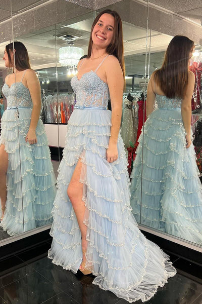 Blue Tiered Tulle Spaghetti Straps A-line Long Prom Dress MD121405