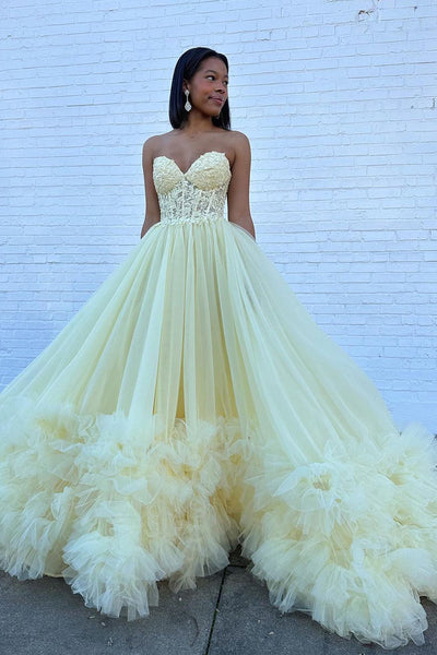 A-Line Sweetheart Yellow Ruffle Tulle Long Prom Dresses MD4011501