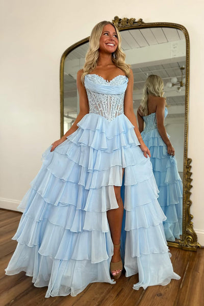 A Line Sweetheart Chiffon Tiered Slit Prom Dress with Appliques DM15010501