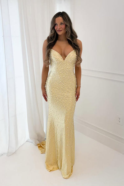 Mermaid V Neck Yellow Satin Pearls Long Prom Dress with Slit DM16021506