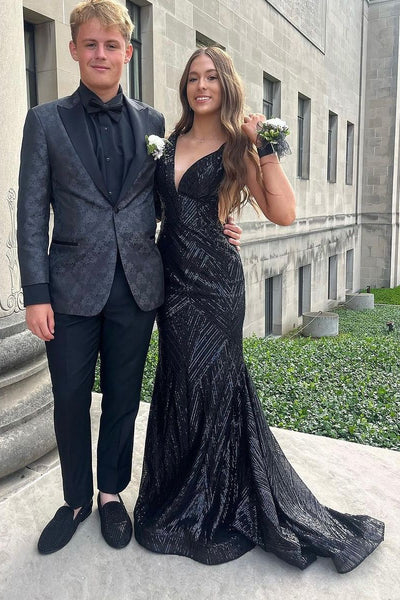 Sparkly Mermaid V Neck Black Sequins Long Prom Dresses DM4070307