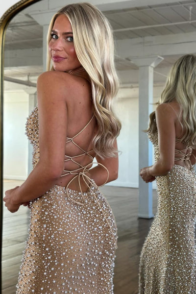 Gorgeous Mermaid V Neck Gold Pearls Prom Dress DM15010407