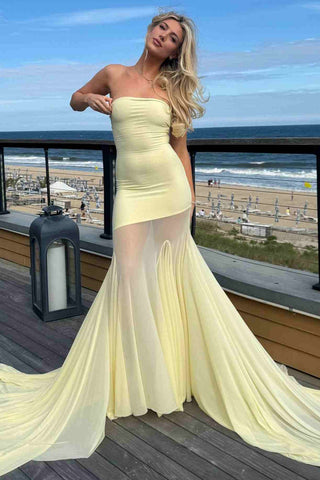 Unqiue Yellow Strapless Pleats See-through Sleeveless Long Prom Dress DM25101703