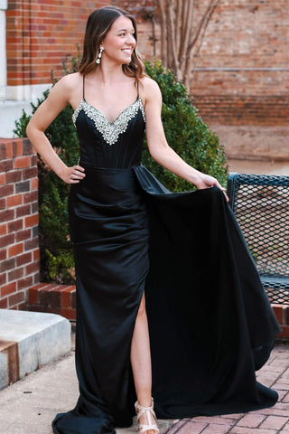 Black Rhinestone V-Neck Long Formal Dress with Attached Train MD121609