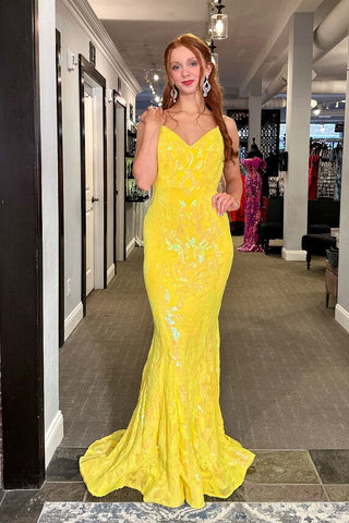 Cute V Neck Mermaid Yellow Sequins Lace Long Prom Dress MD4021804