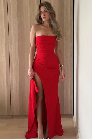 Simple Strapless Pleats Red Satin High Slit Sleeveless Long Prom Dress DM25101704