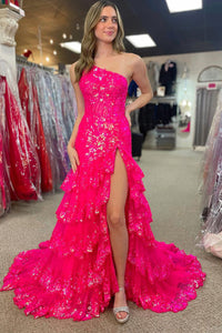 Pink One Shoulder Sequin Lace A-line Long Prom Dress MD121404