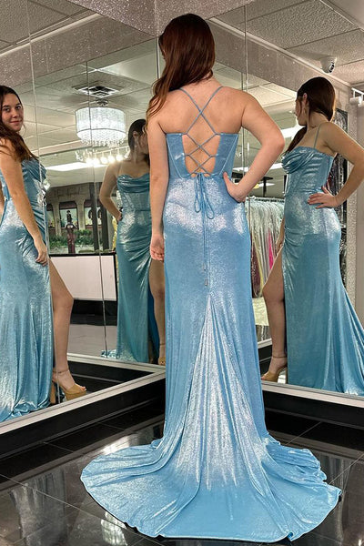 Light Blue Mermaid Cowl Neck Glitter Satin Long Prom Dress MD4012503