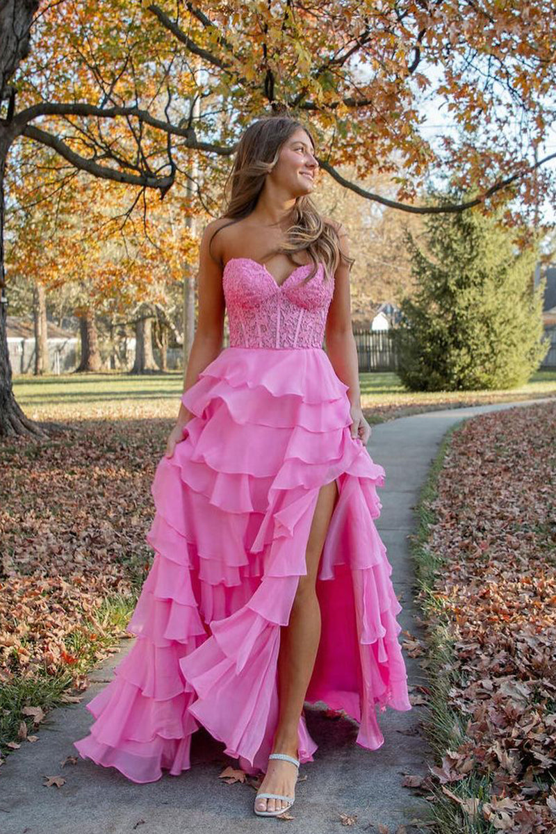 Pink Sweetheart Tiered Chiffon Long Prom Dress with Appliques MD4012605