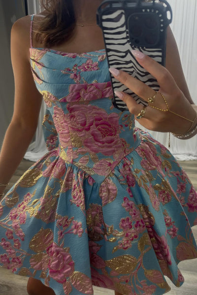 A Line Spaghetti Straps Jacquard Satin Homecoming Dress DM12062813
