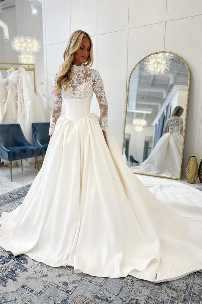 Gorgeous Ball Gown High Neck Satin Wedding Dress with Long Sleeves DM52112707