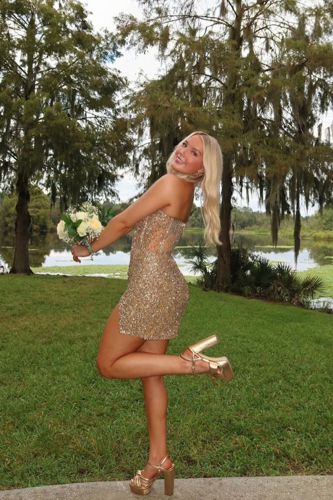 Sparkly Tight Gold Sequins Homecoming Dresses with Beading DM102104 – Dressmeet