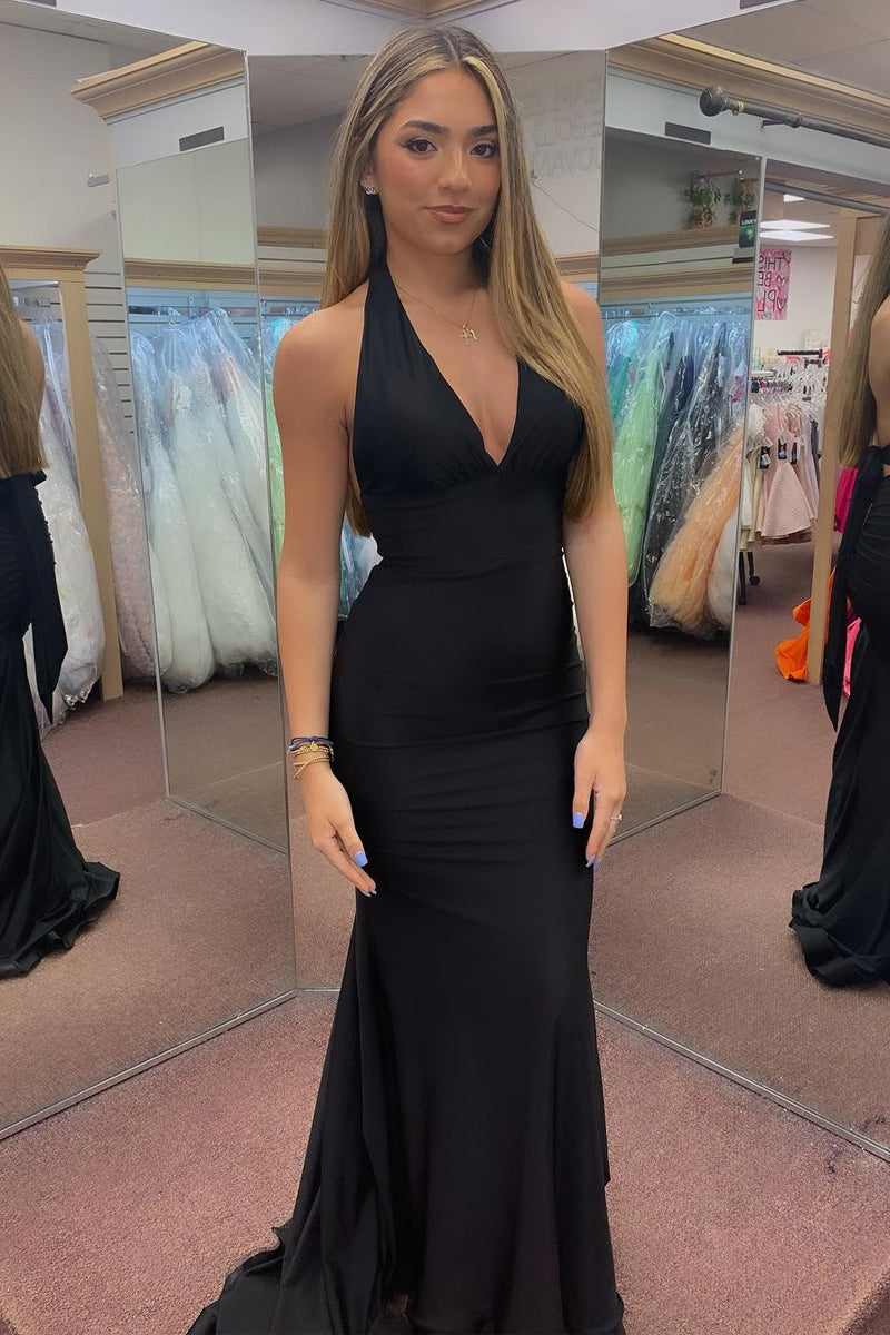 Black Halter Satin Backless Mermaid Long Prom Dress MD4032902