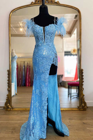 Blue Sequin Appliques Cold-Shoulder Long Prom Gown with Slit MD092709