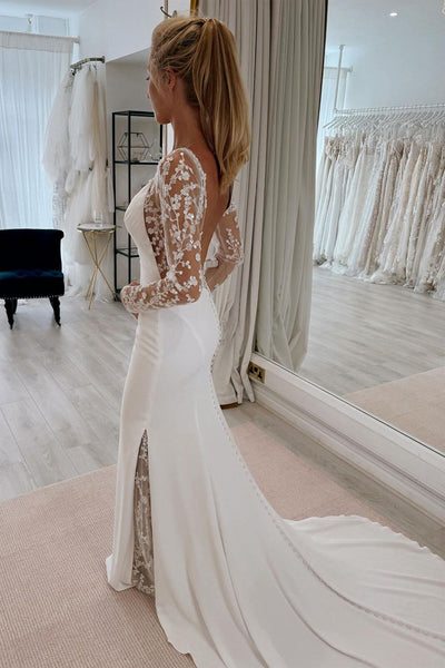 Attractive Mermaid  V Neck Long Sleeves Lace Wedding Dresses with Appliques DM4070405