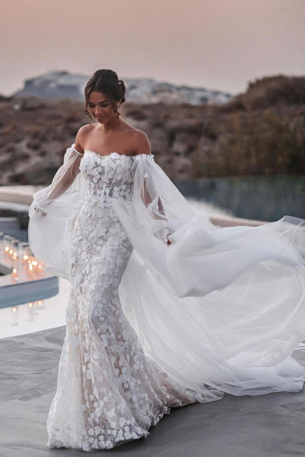 Charming Mermaid Strapless Lace Beach Wedding Dresses with Detachable Train LDWD3061919