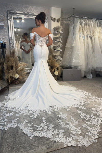 Mermaid Off the Shoulder Elastic Satin Wedding Dress with Appliques DM52112708