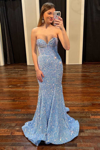 Periwinkle Iridescent Sequin Sweetheart Mermaid Long Prom Dress MD092606