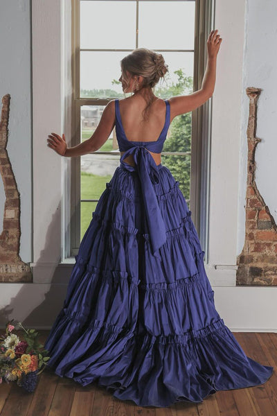 Chic Two Piece V Neck Tiered Satin Long Prom Dress MD4051402