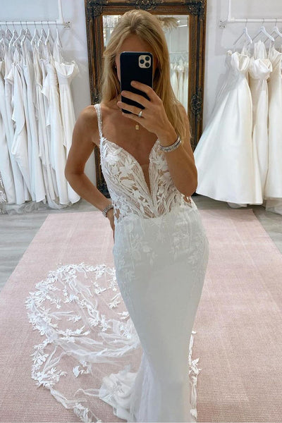 Exquisite V Neck Satin Mermaid Wedding Dresses with Appliques MD4062701