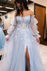 Light Blue A-Line Puff Sleeves Corset Long Prom Dress with Lace DM3082832