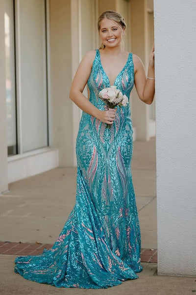 Mermaid V Neck Blue Sequin Long Prom Dress MD4030202