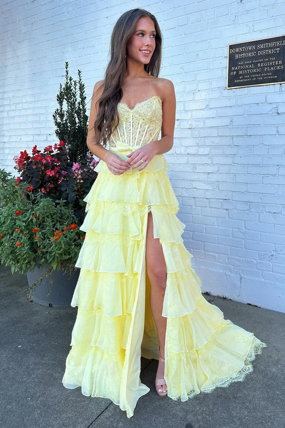 Gorgeous A Line Sweetheart Daffodil Chiffon Tiered Prom Dress with Lace DM1112206