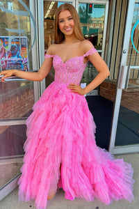 Pink Off the Shoulder Ruffle Tulle Long Prom Dresses MD4011205