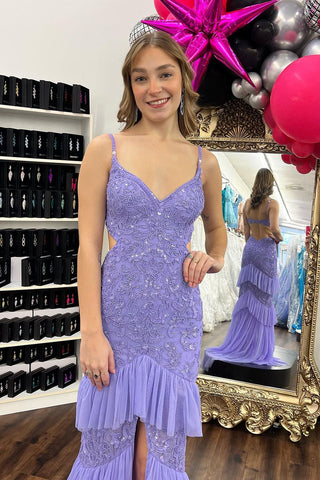 Mermaid V Neck Lilac Sequin Ruffle Long Prom Dress MD4030203