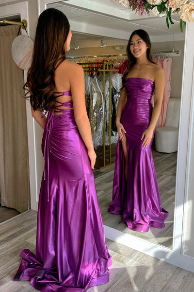 Charming Mermaid Strapless Purple Metallic Satin Prom Dress with Slit DM16021107