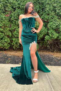 Elegant Emerald Velvet Off the Shouder Mermaid Long Prom Dress MD4010906