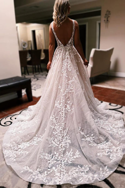 A-Line V Neck Tulle Lace Wedding Dresses MD4011506