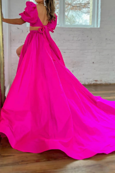 Hot Pink A-Line Short Sleeves Long Prom Dress with Slit MD122703