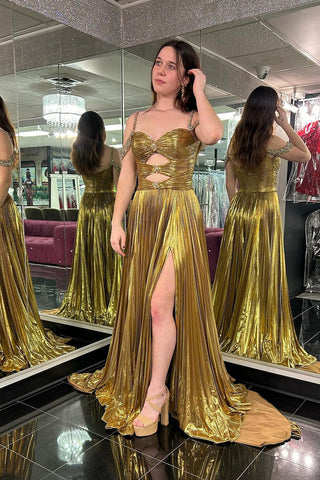 Gold Cold Shoulder Pleated Satin Long Prom Dresses with Slit MD4032602