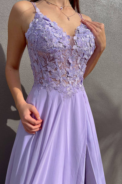 Beautiful A Line Spaghetti Straps Purple Long Prom Dress with Appliques MD112308