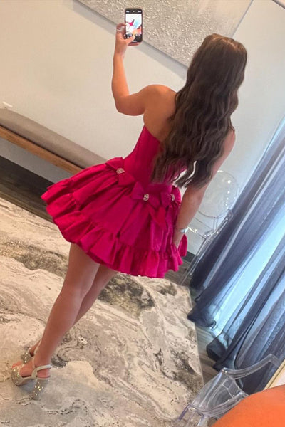 Fuchsia Satin Strapless Short Homecoming Dresses with Bows DM24081006