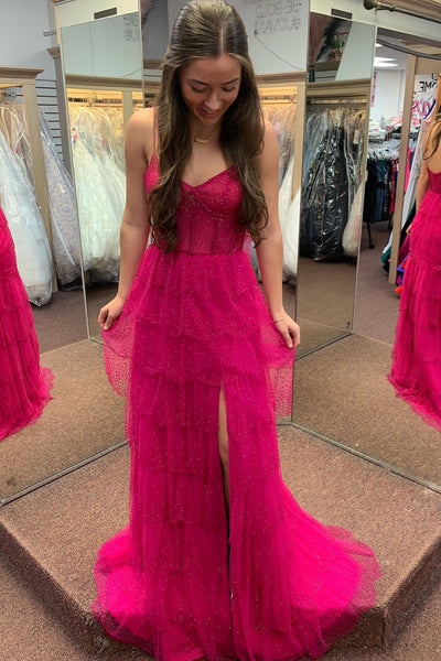 Fuchsia Beaded Layers Spaghetti Straps Long Prom Dress MD121304