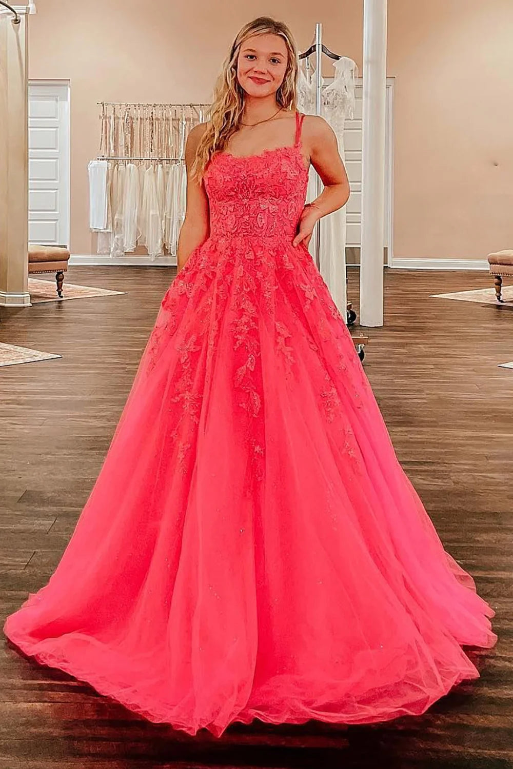 Coral A-Line Prom Dress with Appliques MD092903