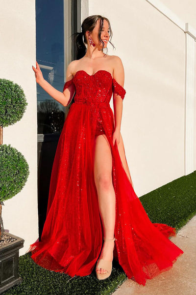 Red Off the Shoulder Tulle Long Prom Dress with Slit MD4021104