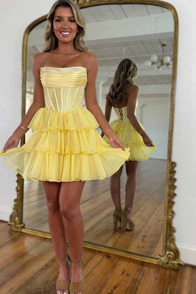 A Line Scoop Neck Yellow Chiffon Tiered Homecoming Dresses DM071501