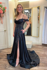 Black Cold Shoulder Satin Long Prom Dresses with Pockets MD4011903