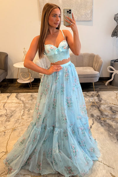 Chic Two Piece Sweetheart Floral Print Tulle Prom Dress DM16021004