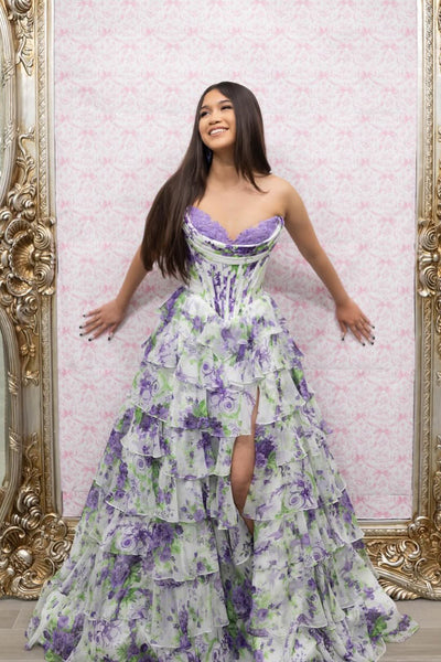 Charming A-Line Strapless Floral Print Ruffle Tiered Long Prom Dresses with Slit DM16021501