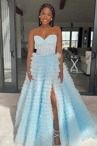 Princess A Line Strapless Ruffle Tiered Tulle Long Prom Dresses DM24062904