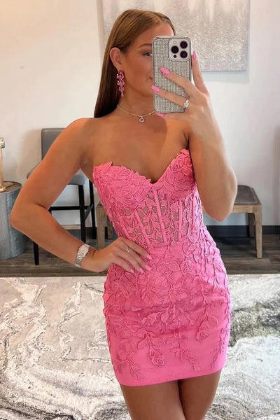 Cute Bodycon Sweetheart Pink Lace Short Homecoming Dress with Appliques MD083009