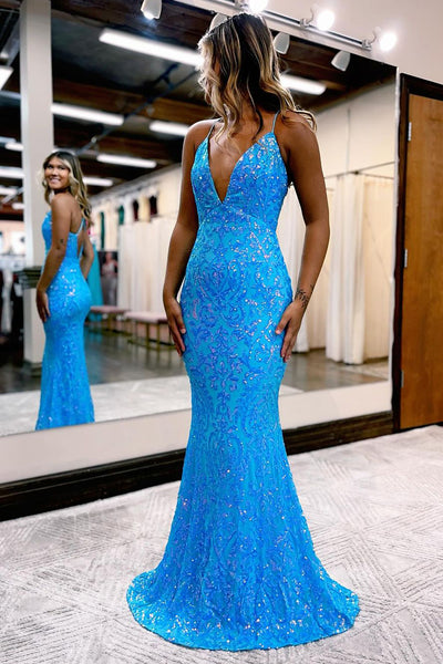 Blue Sequin Lace V Neck Long Prom Dresses MD112210