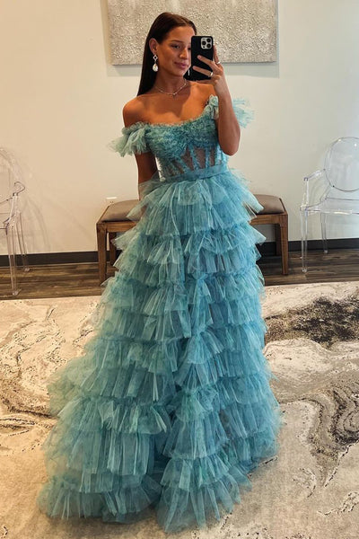 Romantic A-Line Off the Shoulder Ruffle Tiered Long Prom Dress with Slit MD4032705