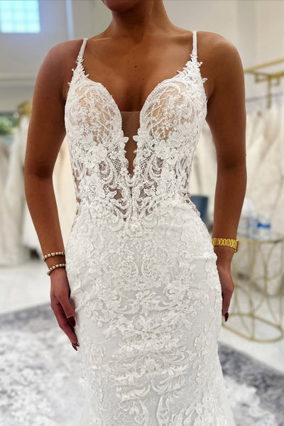Gorgeous Mermaid V Neck Lace Wedding Dress with Appliques DM1112210