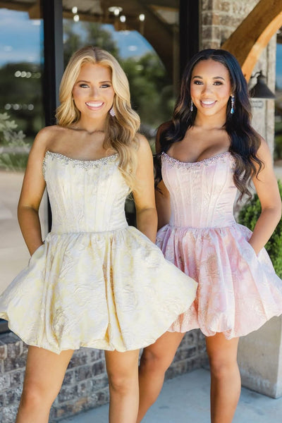 A Line Strapless Jacquard Satin Homecoming Dress with Pockets DM12062806